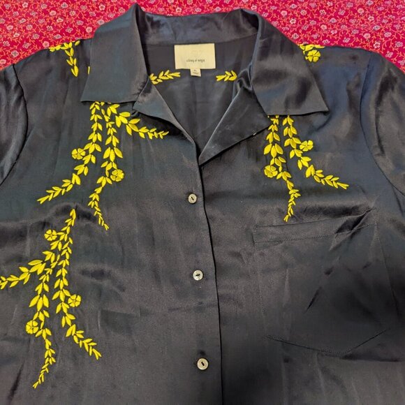 cinq á sept Silk Dani Blouse Blue Gold Embroidered Button Charmeuse Top Floral - Picture 6 of 10